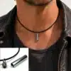 N3431a collier homme pendentif porte message acier inoxydable cordon cuir - Bijoux colliers homme en ligne Ninanina