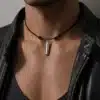 N3432 Collier homme cuir porte message - pendentif acier inoxydable - Bijoux colliers hommes en ligne Ninanina