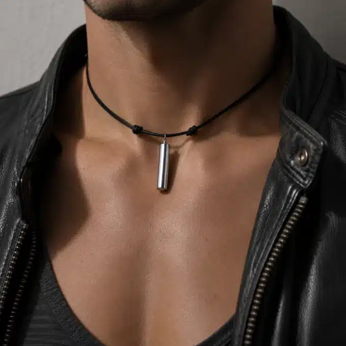 N3432 Collier homme cuir porte message - pendentif acier inoxydable - Bijoux colliers hommes en ligne Ninanina