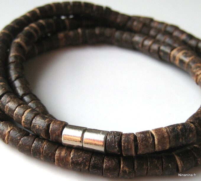 N3439 bracelet 3 tours perles de coco marron