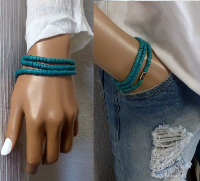 N3439 Bracelet homme femme wrap 3 tours perles coco turquoise fermoir acier NINANINA