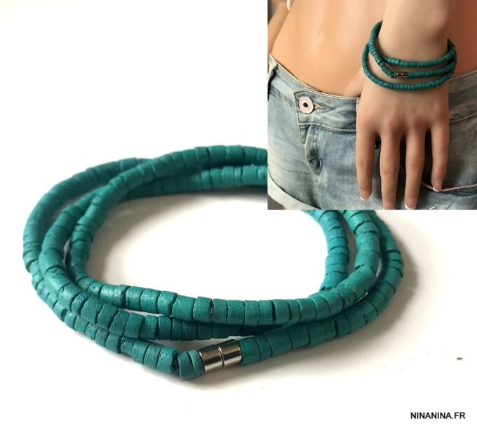 N3439b Bracelet heishi bleu turquoise et acier 3 tours - Bijoux Bracelets en ligne Ninanina