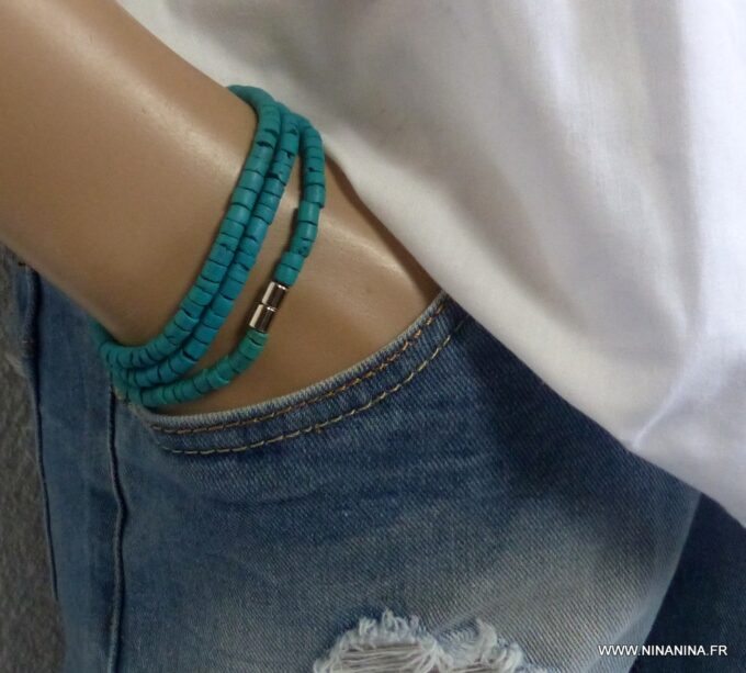 N3439c Bracelet homme femme wrap 3 tours perles coco turquoise fermoir acier NINANINA