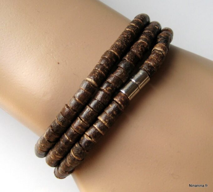 N3439d bracelet 3 tours perles de coco marron