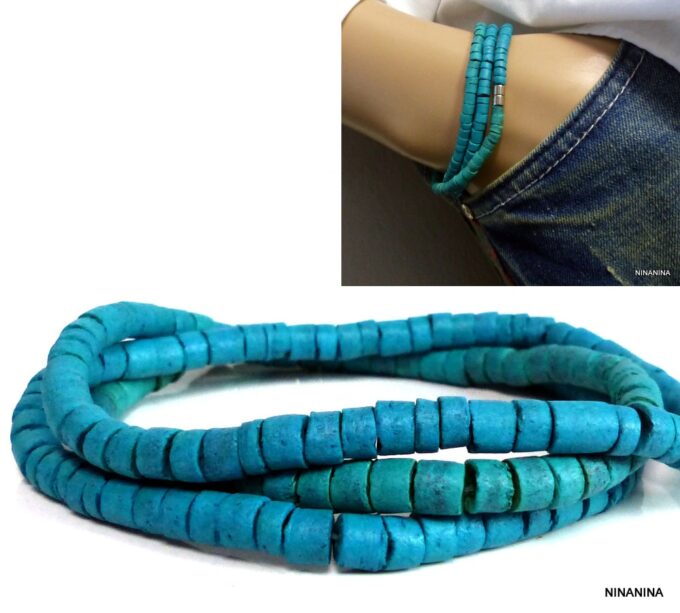 N3439D Bracelet homme 3 tours coco turquoise acier inoxydable NINANINA