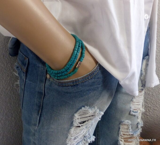 N3439h Bracelet homme femme wrap 3 tours perles coco turquoise fermoir acier NINANINA