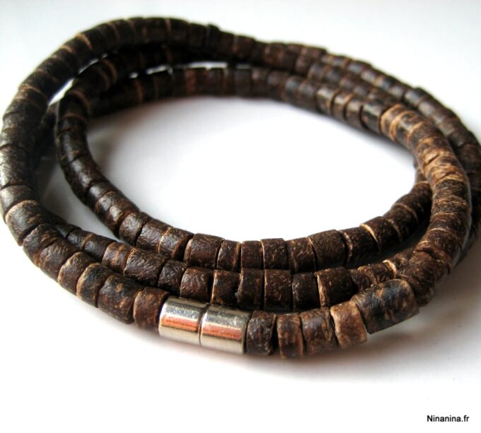 N3439l bracelet 3 tours perles de coco marron