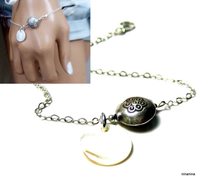 N3445b Bracelet argent nacre perle fleur plate et pendentif rond - Bijoux Bracelets en ligne Ninanina