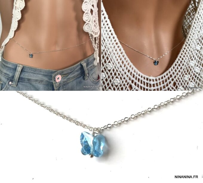 N3451a Chaine de taille Swarovski papillon bleu et Argent 925 massif - Bijoux de corps en ligne Ninanina