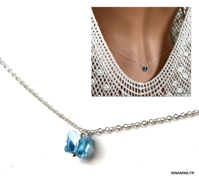 N3451c Chaine de taille Swarovski papillon bleu et Argent 925 massif - Bijoux de corps en ligne Ninanina