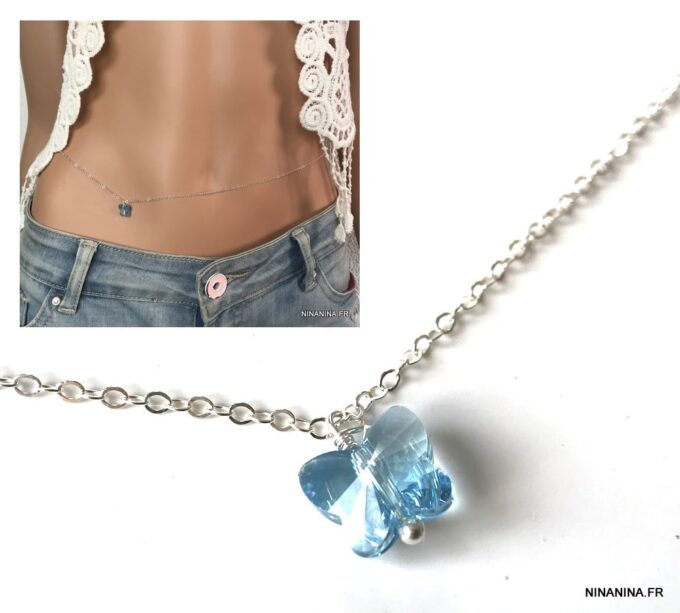 N3451e Chaine de taille Swarovski papillon bleu et Argent 925 massif - Bijoux de corps en ligne Ninanina