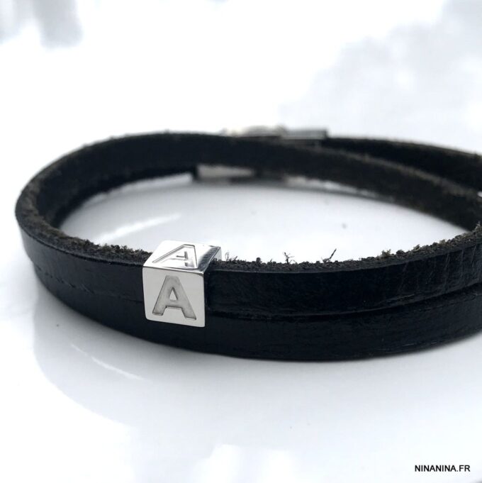 N3453 Bracelet lettre perle personnalisée Acier et cuir 2 tours - Bijoux Bracelets en ligne Ninanina