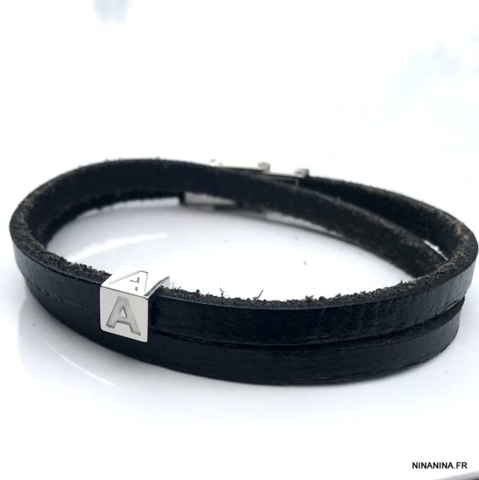 N3453b Bracelet lettre perle personnalisée Acier et cuir 2 tours - Bijoux Bracelets en ligne Ninanina