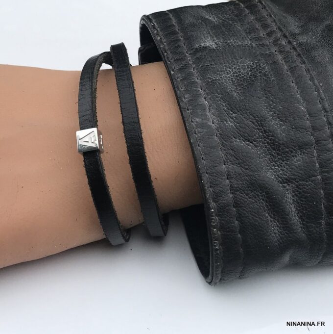 N3453c Bracelet lettre perle personnalisée Acier et cuir 2 tours - Bijoux Bracelets en ligne Ninanina