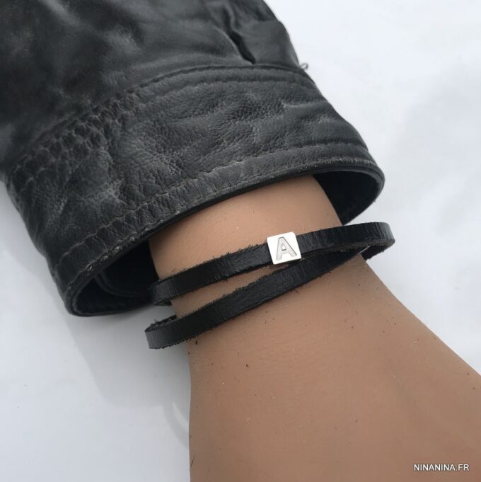 N3453d Bracelet lettre perle personnalisée Acier et cuir 2 tours - Bijoux Bracelets en ligne Ninanina