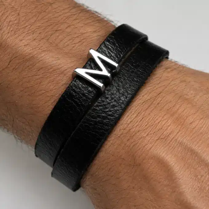 N3456 Bracelet homme cuir 2 tours avec lettre argentée personnalisée - Bijoux bracelets hommes en ligne Ninanina