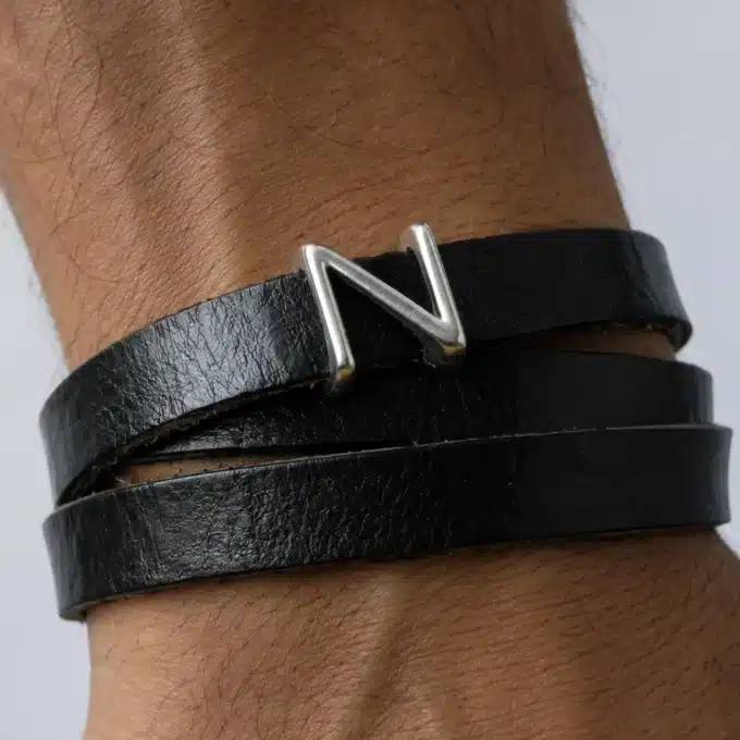 N3457A Bracelet homme cuir 3 tours lettre personnalisée - Bijoux bracelets hommes en ligne Ninanina