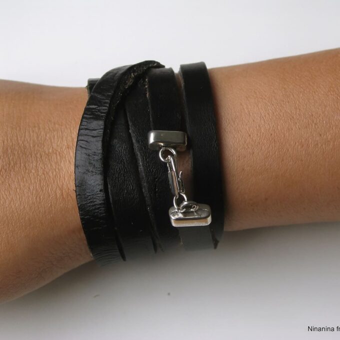 N3458 Bracelet 5 tours cuir noir homme artisanal - manchette multi tours biker ou rock - Bijoux bracelets hommes en ligne Ninanina