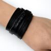 N3458a Bracelet 5 tours cuir noir homme artisanal - manchette multi tours biker ou rock - Bijoux bracelets hommes en ligne Ninanina