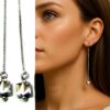 N3463 Boucles d’oreilles pendantes – Longue chaînette et charm carré en argent 925 massif - Bijoux d'oreille en ligne Ninanina