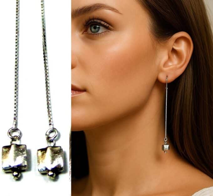 N3463 Boucles d’oreilles pendantes – Longue chaînette et charm carré en argent 925 massif - Bijoux d'oreille en ligne Ninanina