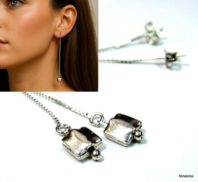 N3463b Boucles d’oreilles pendantes – Longue chaînette et charm carré en argent 925 massif - Bijoux d'oreille en ligne Ninanina