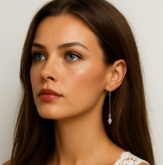 N3463c Boucles d’oreilles pendantes – Longue chaînette et charm carré en argent 925 massif - Bijoux d'oreille en ligne Ninanina