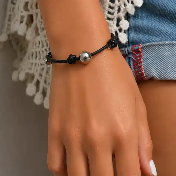 N3467 Bracelet femme cordon cuir réglable boule Acier inoxydable - Bijoux bracelets femmes en ligne Ninanina