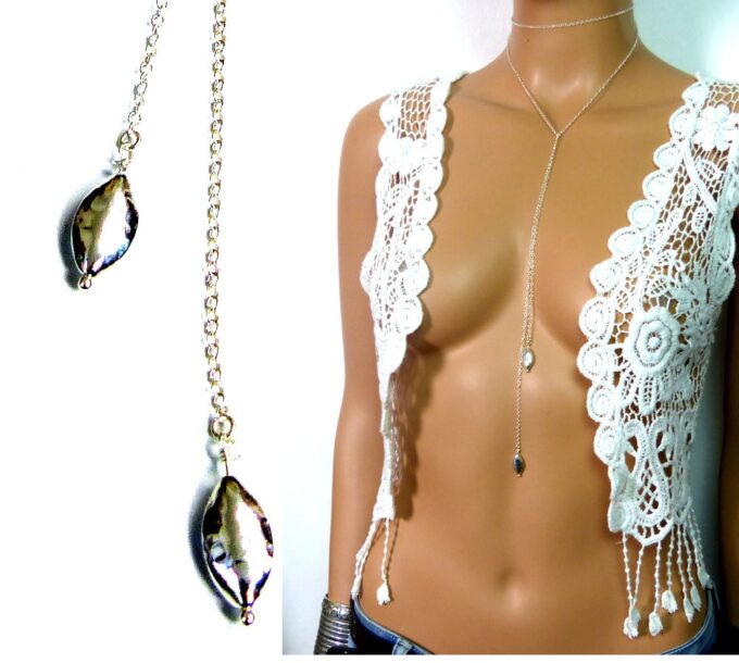 N3470 Collier chaine sautoir goutte argent massif 925