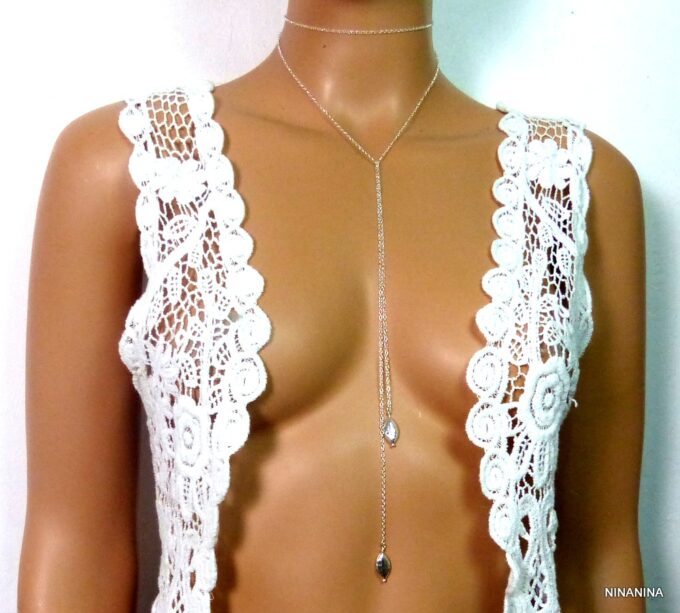 N3470b Collier chaine sautoir goutte argent massif 925