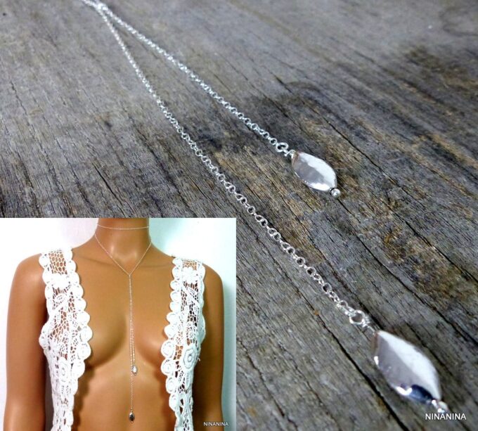 N3470d Collier chaine sautoir goutte argent massif 925