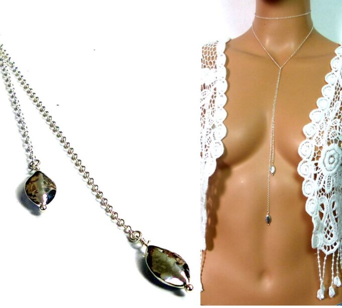 N3470e Collier chaine sautoir goutte argent massif 925