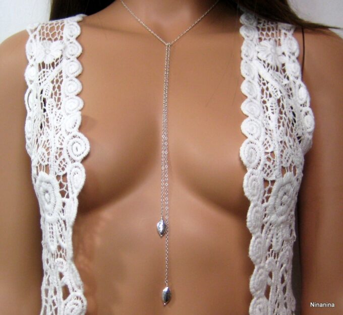 N3470terh collier long sautoir gouttes argent massif