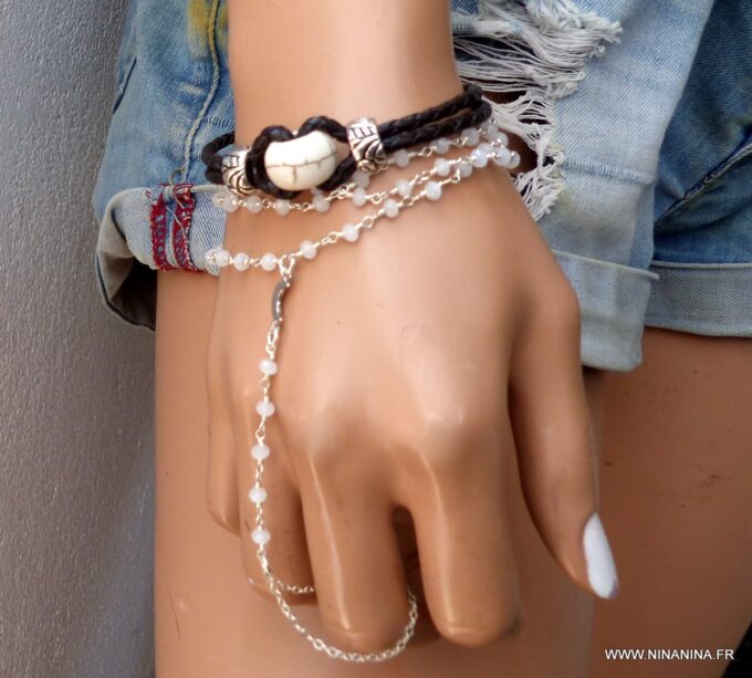 N3482 Bracelet homme cuir tressé perle blanche - Bijoux Bracelets en ligne Ninanina