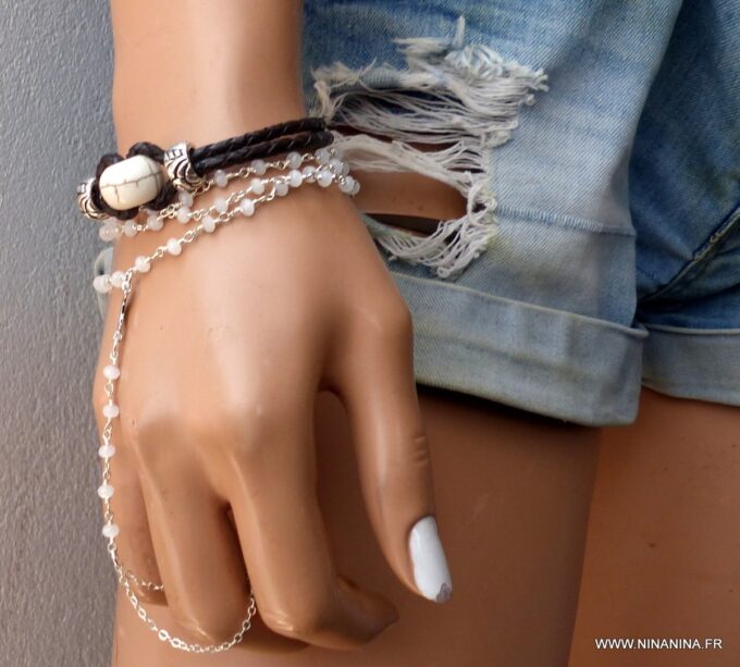 N3482a Bracelet homme cuir tressé perle blanche - Bijoux Bracelets en ligne Ninanina