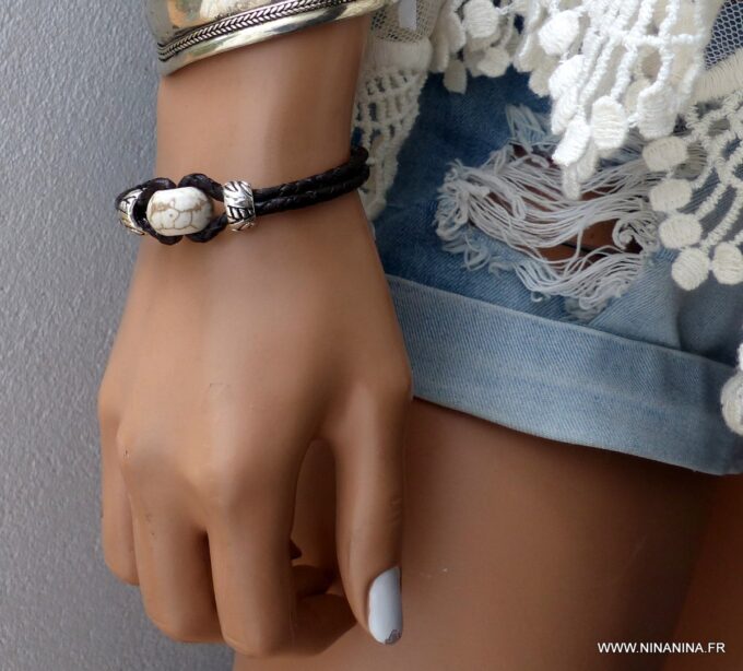 N3482b Bracelet homme cuir tressé et perle blanc - Bijoux Bracelets en ligne Ninanina