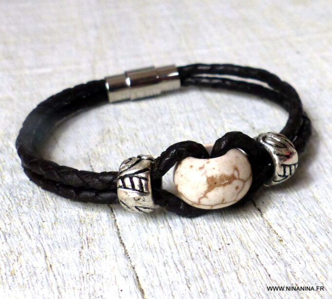 N3482c Bracelet homme cuir tressé et perle blanc - Bijoux Bracelets en ligne Ninanina