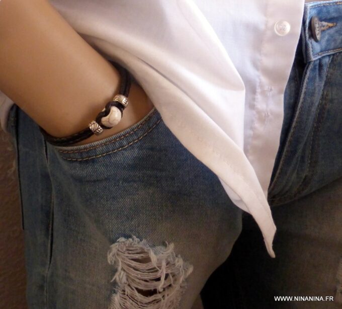 N3482d Bracelet homme cuir tressé et perle blanche - Bijoux Bracelets en ligne Ninanina