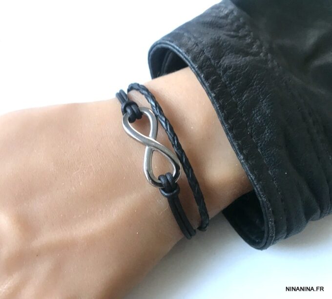 N3487 Bracelet cuir infini femme ou homme Acier argent - Bijoux Bracelets en ligne Ninanina
