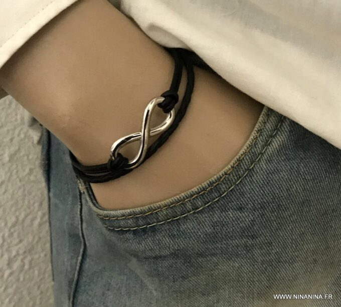 N3487a Bracelet cuir infini femme ou homme Acier argent - Bijoux Bracelets en ligne Ninanina