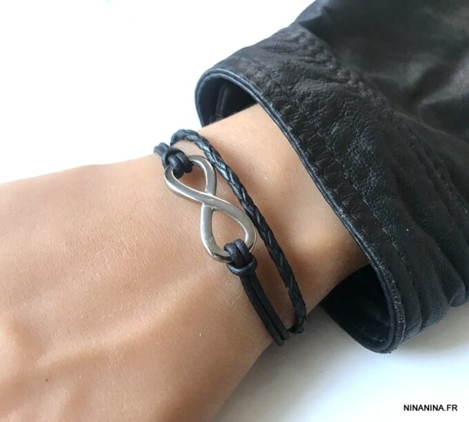 N3487b Bracelet cuir infini femme ou homme Acier argent - Bijoux Bracelets en ligne Ninanina
