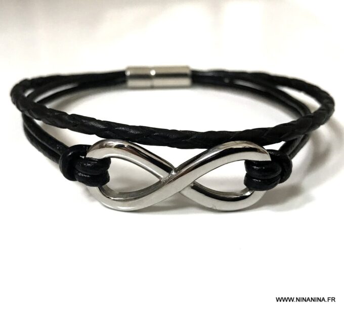 N3487b Bracelet cuir infini femme ou homme Acier argent - Bijoux Bracelets en ligne Ninanina