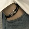 N3487c Bracelet cuir infini femme ou homme Acier argent - Bijoux Bracelets en ligne Ninanina