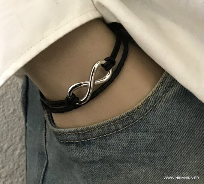 N3487c Bracelet cuir infini femme ou homme Acier argent - Bijoux Bracelets en ligne Ninanina