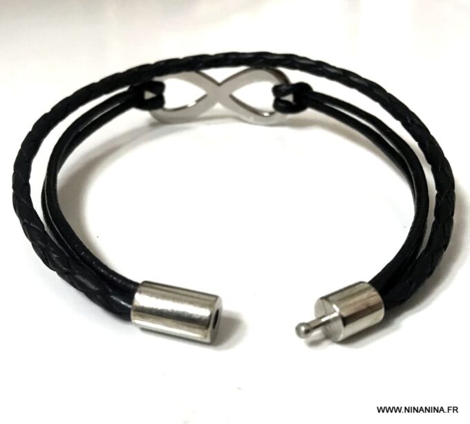 N3487d Bracelet cuir infini femme ou homme Acier argent - Bijoux Bracelets en ligne Ninanina