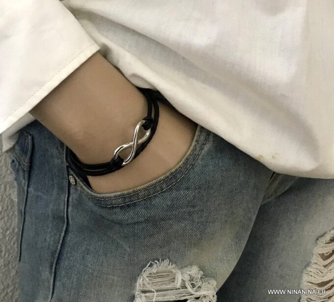 N3487e Bracelet cuir infini femme ou homme Acier argent - Bijoux Bracelets en ligne Ninanina