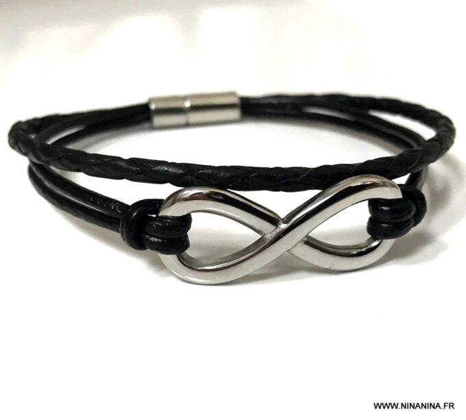 N3487f Bracelet cuir infini femme ou homme Acier argent - Bijoux Bracelets en ligne Ninanina