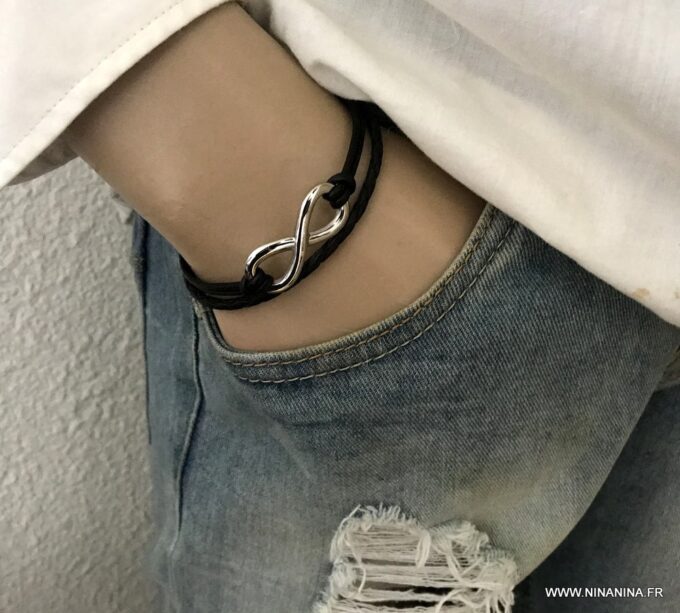 N3487g Bracelet cuir infini femme ou homme Acier argent - Bijoux Bracelets en ligne Ninanina