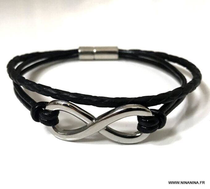 N3487h Bracelet cuir infini femme ou homme Acier argent - Bijoux Bracelets en ligne Ninanina