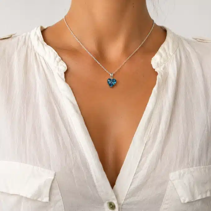 N3488b Collier Swarovski coeur cristal bleu Argent 925 massif - Bijoux colliers femmes en ligne Ninanina